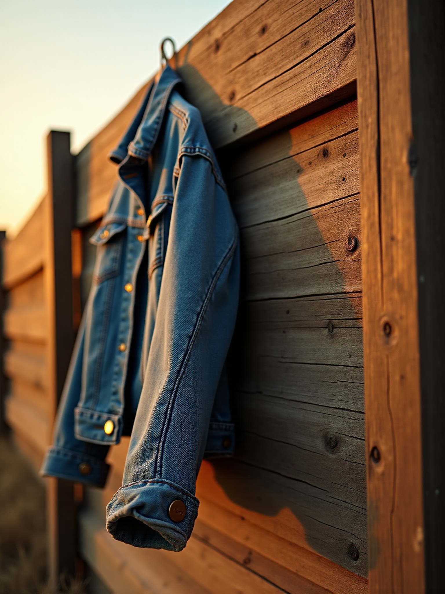 A slightly blurry picture of a jean jacket, hanging on a wooden wall