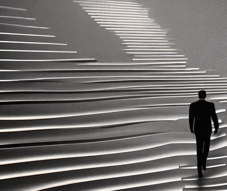 company_logo_in_the_style_of_stairs_with_a_man_in_a_suite_walking_heading_to_the_high_spac