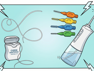 floss, several interdental brushes of different colors and sizes, and a hand-held waterpik half-full on a light teal background with decorative lightning bolts around the edges