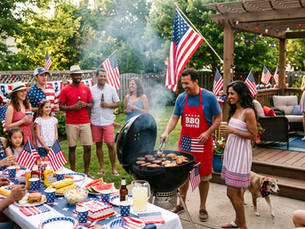 Decorative photo depicting a large patriotic backyard barbecue.