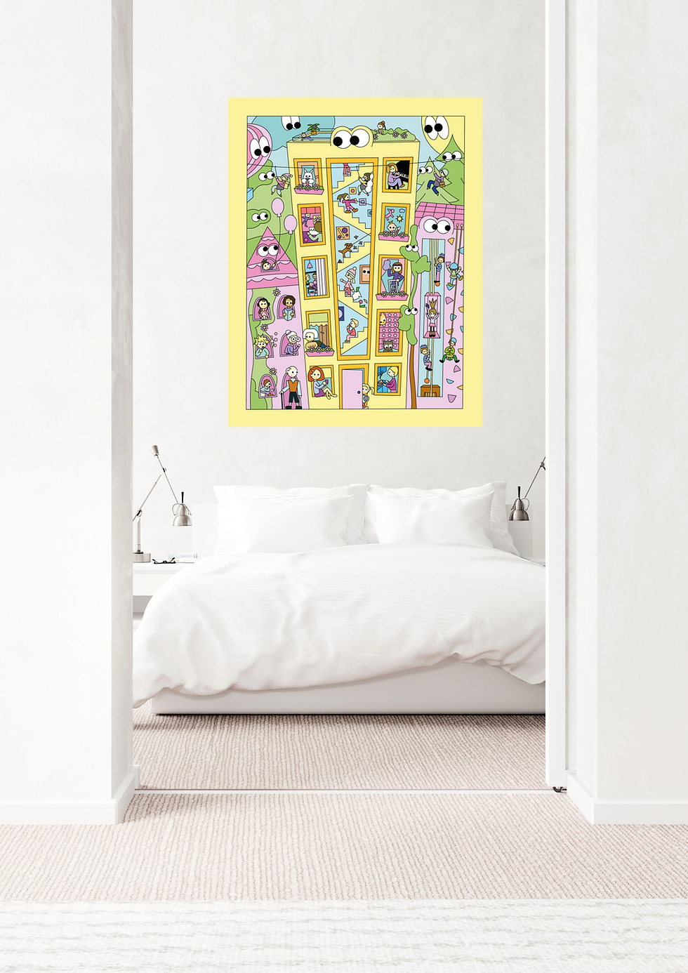 Thumbnail: Wall art, large living room wall decor, modern comic, children's playroom, kids room, playful, town, cute, city, stylish art