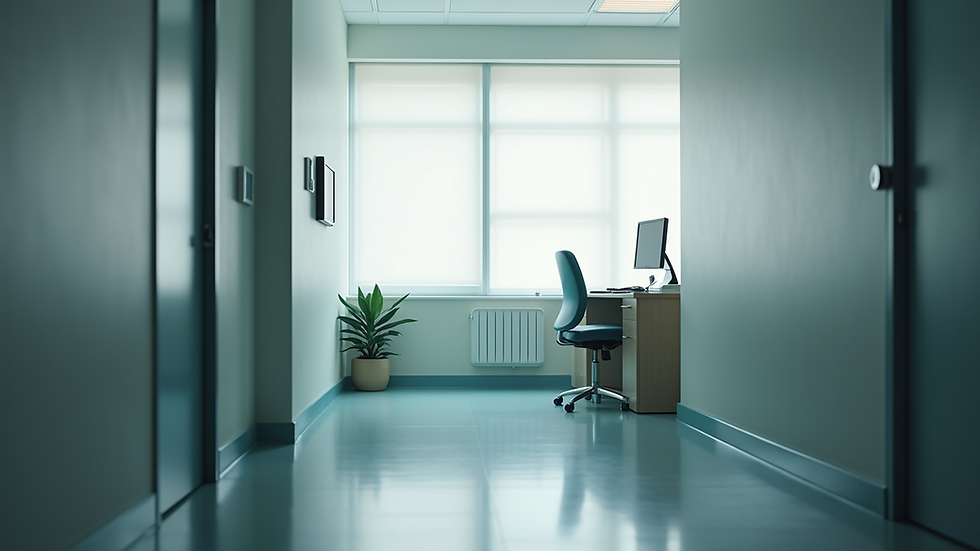Eye-level view of a cozy medical office with a doctor’s desk and chair