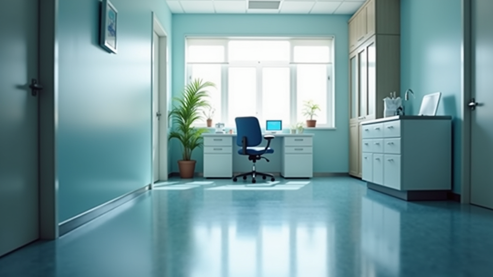 Eye-level view of a modern medical office with a doctor’s desk and chair