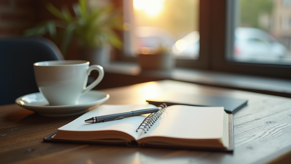 Vue en plongée d’une table avec un carnet, un stylo et une tasse de café