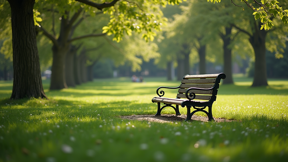 High angle view of a peaceful park bench in a green park