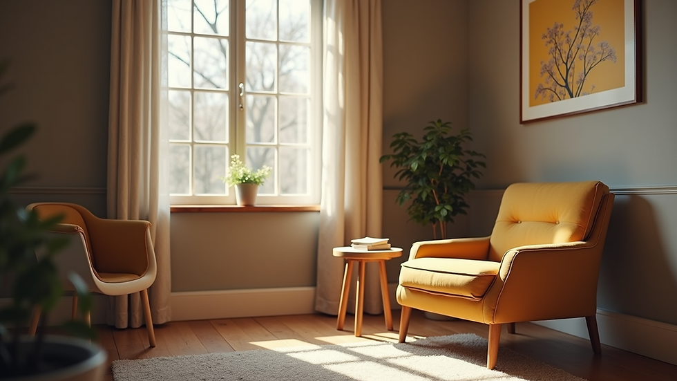 Eye-level view of a cozy coaching room with a chair and a small table