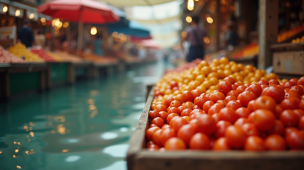 Vue en plongée d’un marché animé avec des étals colorés