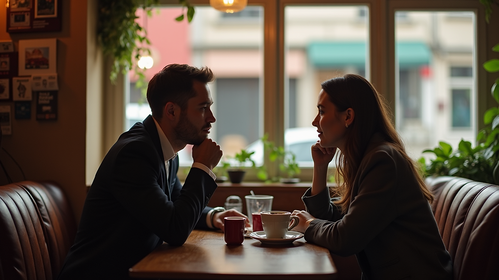 Vue rapprochée d’un couple discutant dans un café cosy