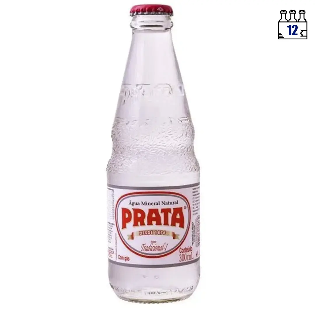 Água Com Gás Prata Vidro 300ml: refrescante e leve, ideal para refeições sofisticadas. Pacote com 12 unidades.