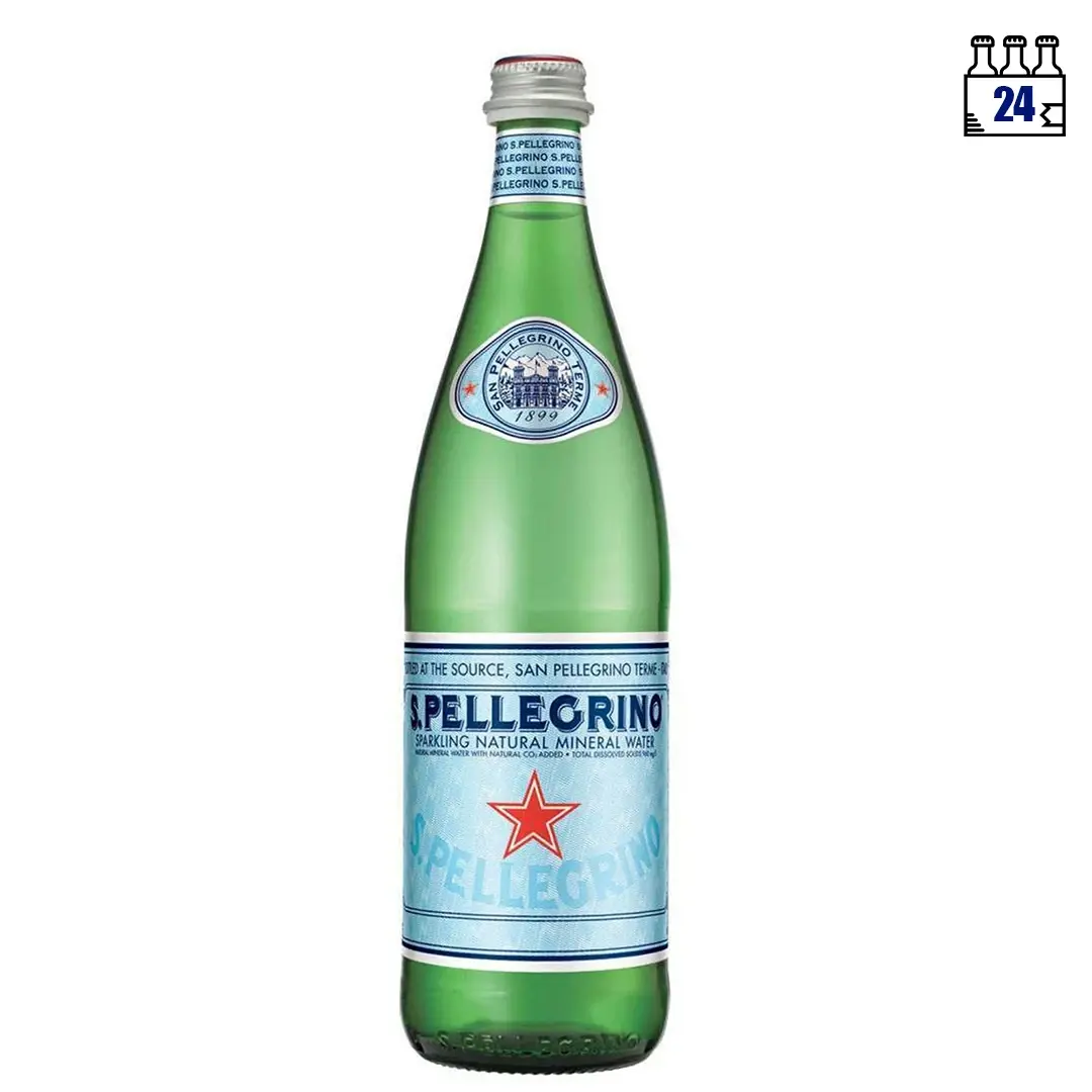 Água mineral com gás San Pellegrino 750ml, 24 unidades. Borbulhas intensas, sabor delicado. Ideal para vinhos tintos