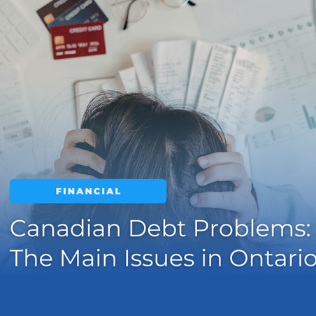 Person sitting with hands on their head surrounded by bills, receipts, credit cards, and financial documents, representing financial stress and debt problems in Ontario.