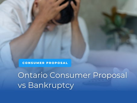 Person experiencing financial stress with the title "Ontario Consumer Proposal vs Bankruptcy," illustrating debt relief options available to Ontario residents.