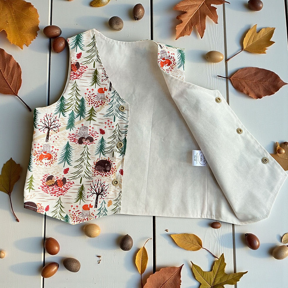 Thumbnail: Bear in the Woods Waistcoat showing front view and lining with beige snaps on a pale brown background