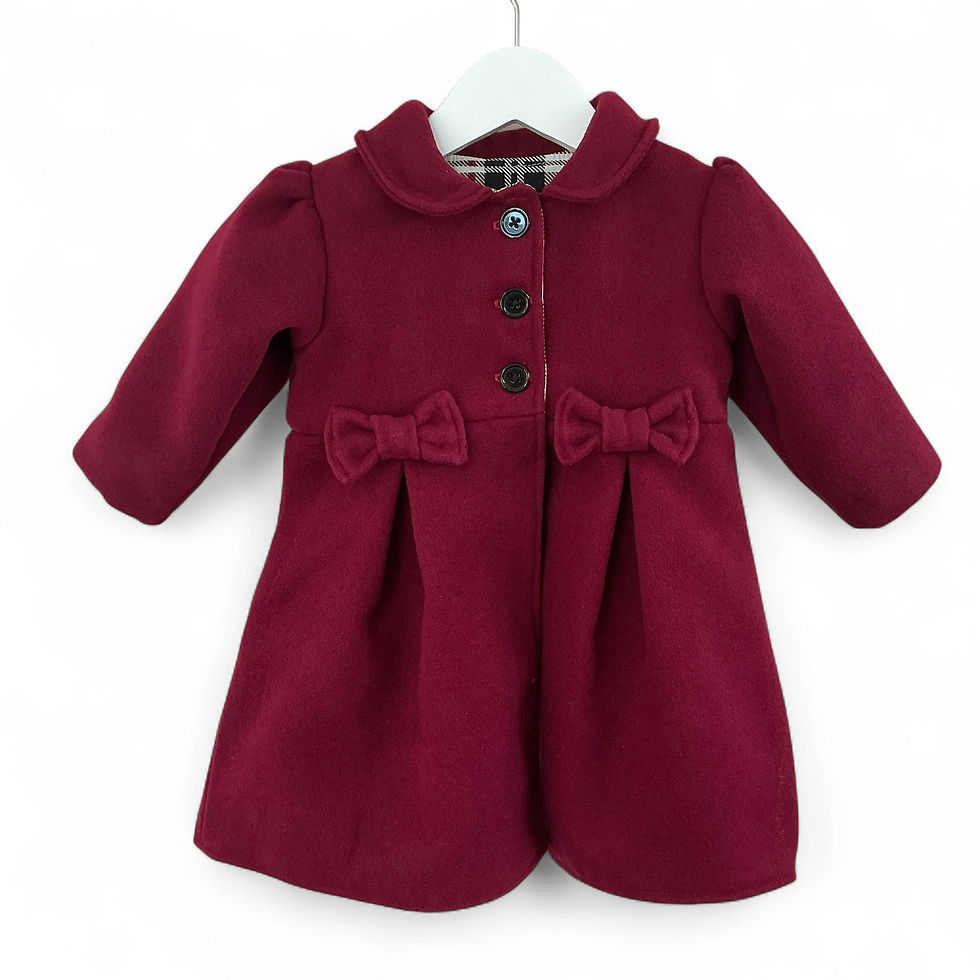 Thumbnail: Traditional Style Burgundy Red Winter Coat with box pleats to front and back, bows on front waist and collar on hanger