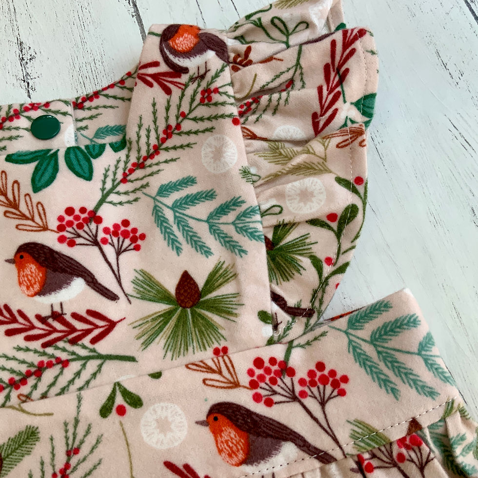 Thumbnail: Winter Robin festive print flutter pinafore showing sleeve detail