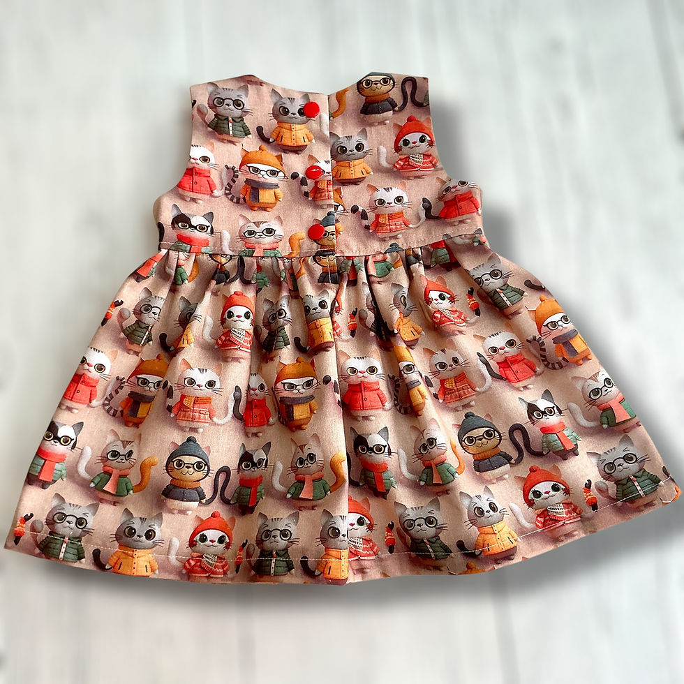 Thumbnail: Girls Sleeveless Dress back view in a Quirky Cat 3d effect digital cotton fabric on a light grey background