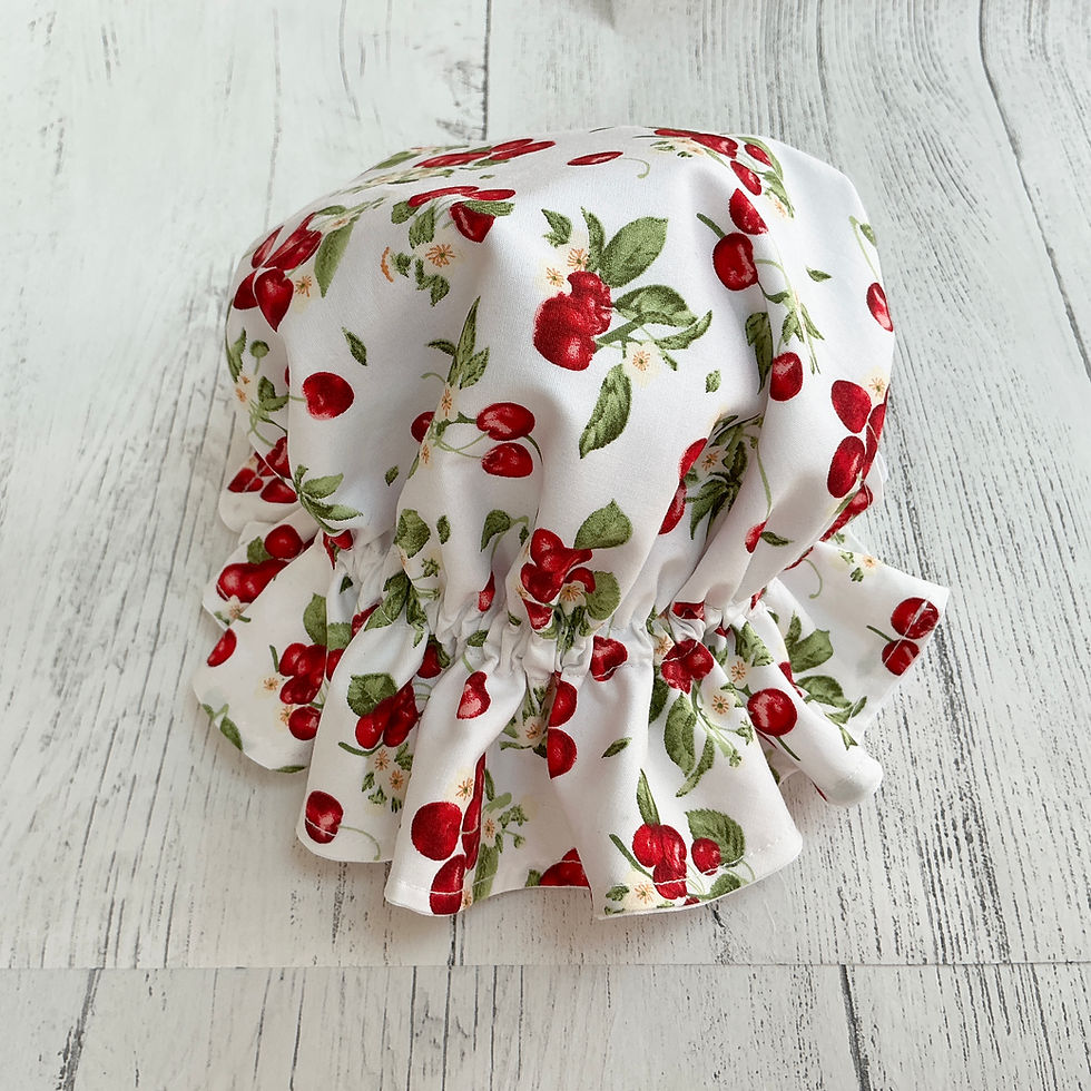 Thumbnail: Cherry Print Victorian Style Mop Bonnet on a grey background