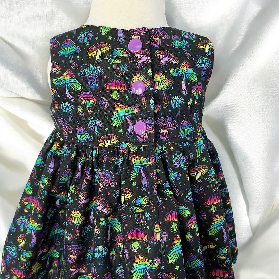 Thumbnail: Multi Colour Mushroom on black Dress Sleeveless back view bodice on mannequin