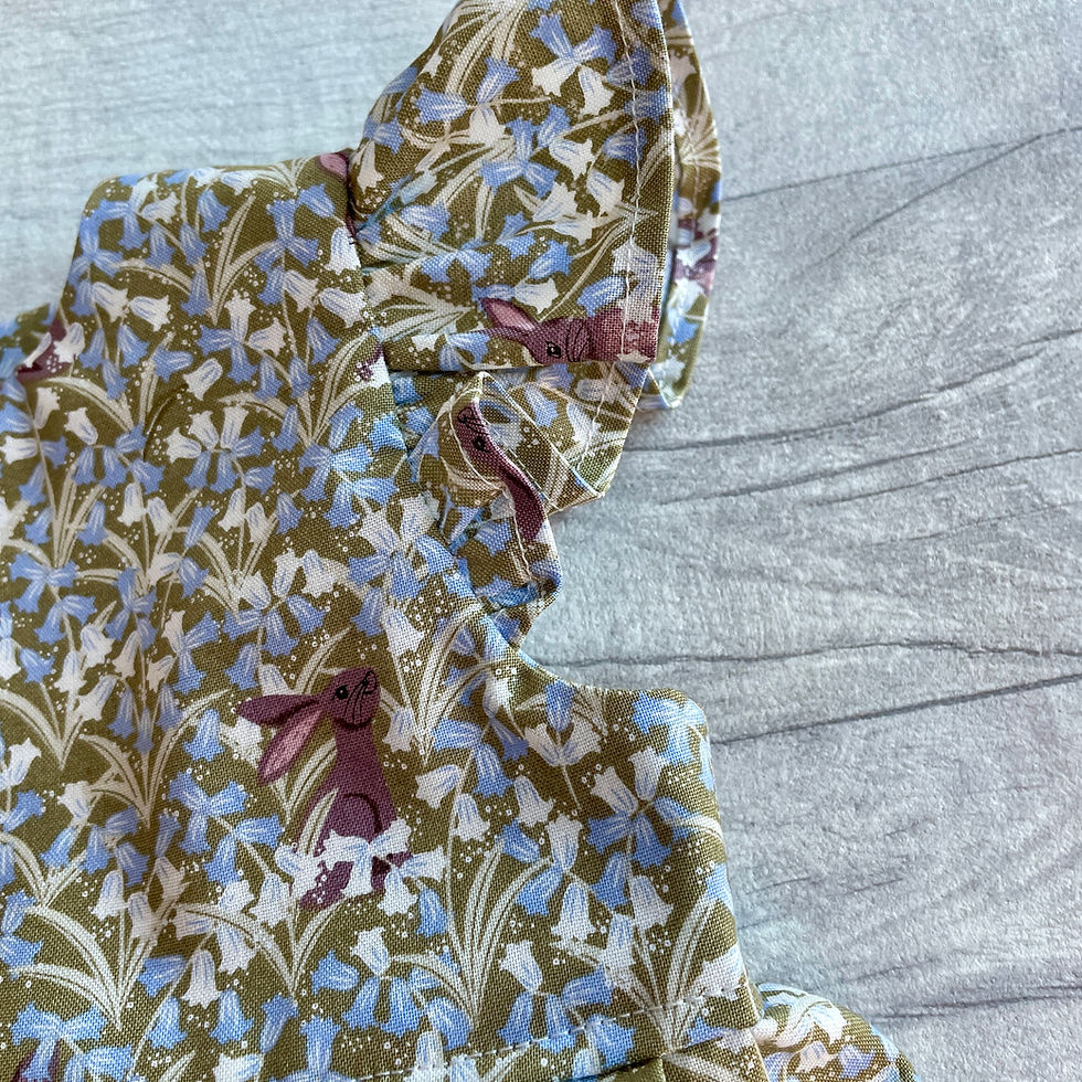 Thumbnail: Sage Green Bluebell wood flutter sleeve pinafore dress close up of flutter sleeve