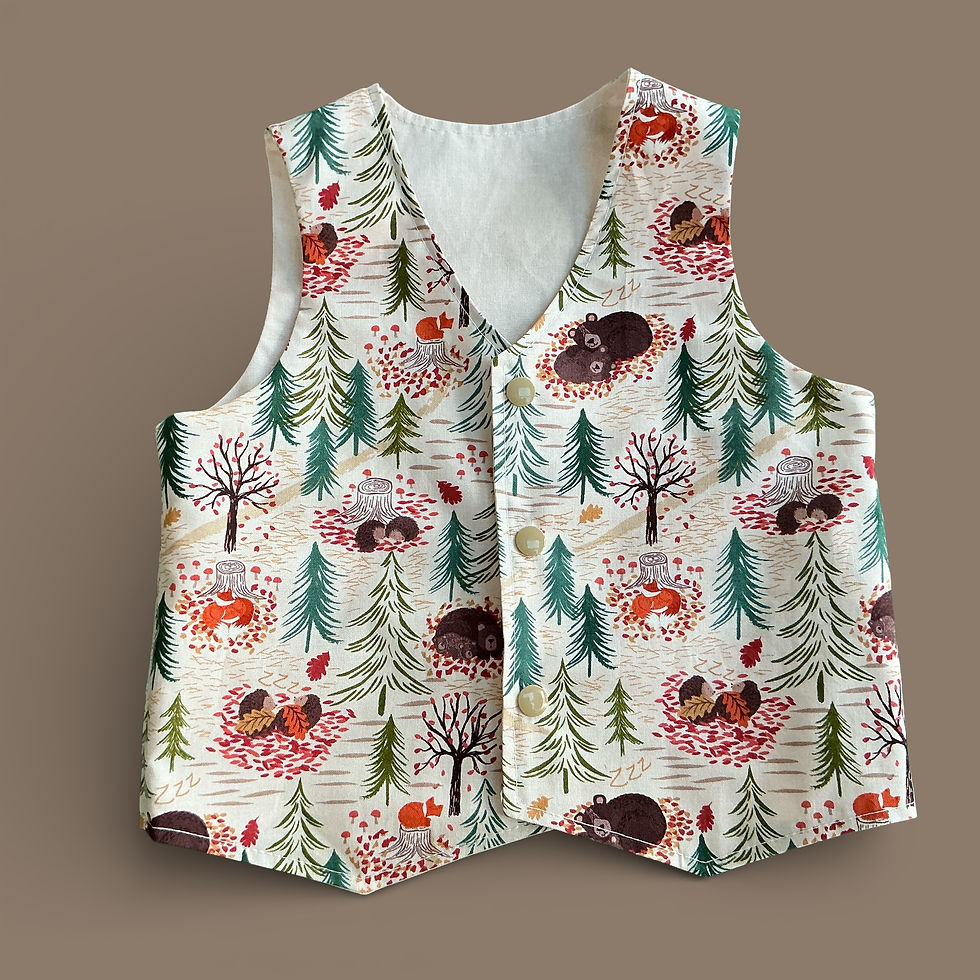 Bear in the Woods Waistcoat showing front view with beige snaps on a pale brown background