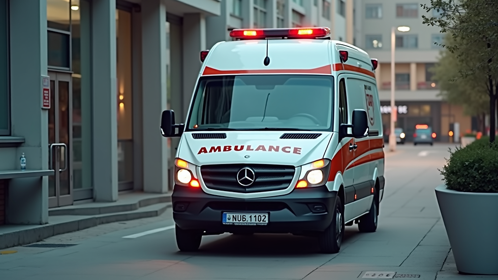 Eye-level view of a private ambulance parked outside a hospital