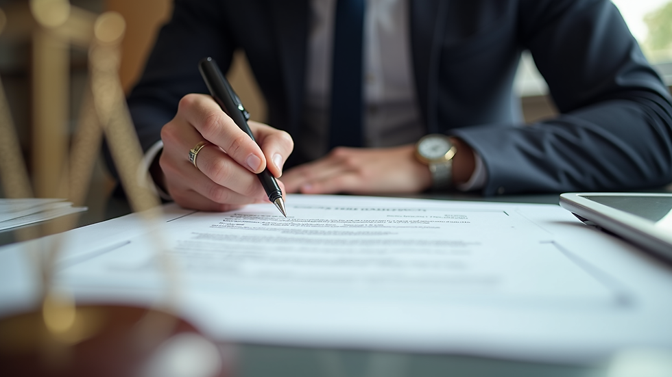 Close-up view of a legal contract being reviewed on a desk