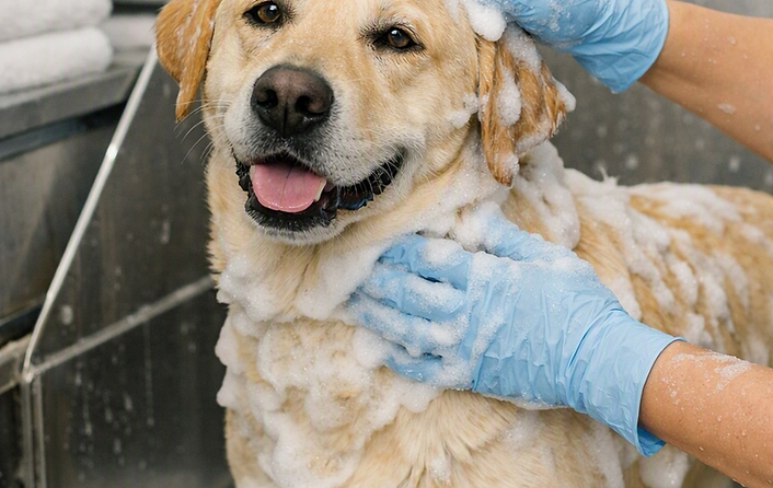 Happy dog receiving medicated bath treatment