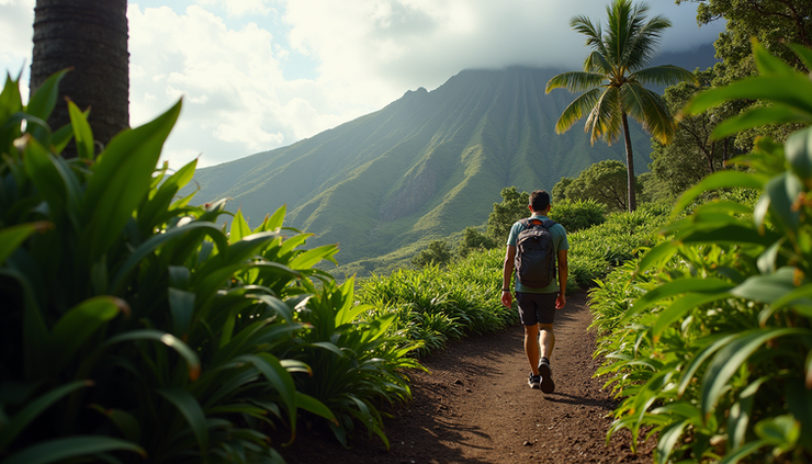 Eye-level view of a hiker walking on a volcanic trail surrounded by tropical plants