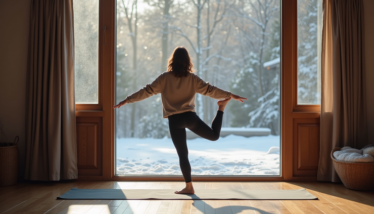 High angle view of a person stretching on a yoga mat indoors with winter clothing nearby