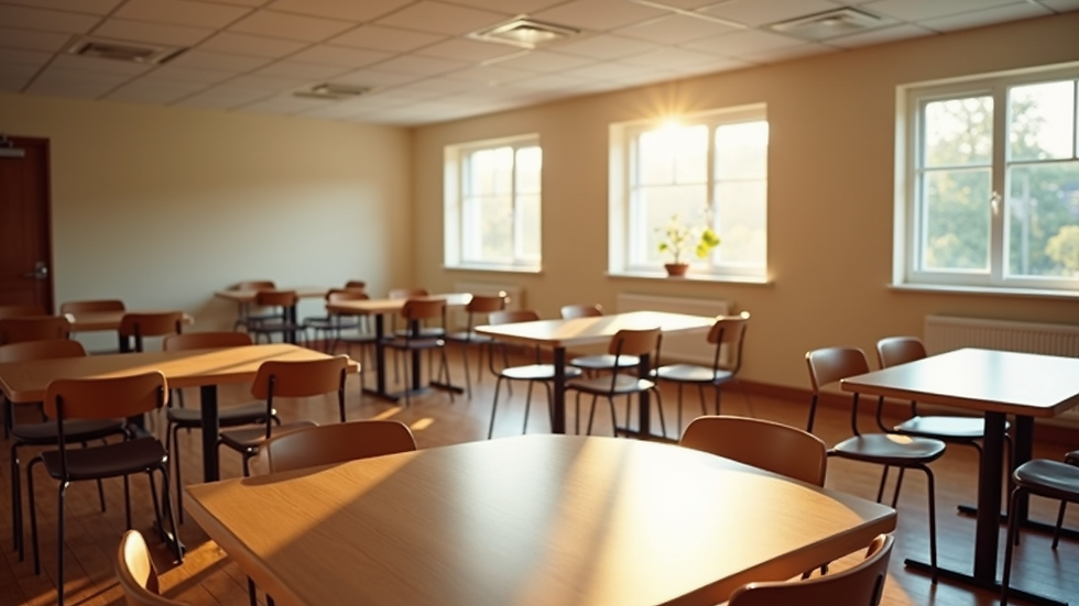 High angle view of a senior activity room with tables and chairs arranged for group events