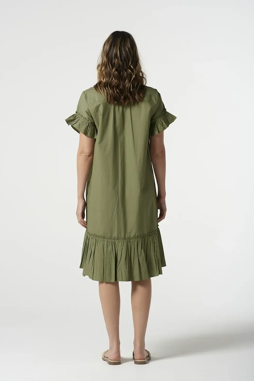 Thumbnail: Goondiwindi Cotton Coast Cotton Ruffle Midi Dress - Sage Green