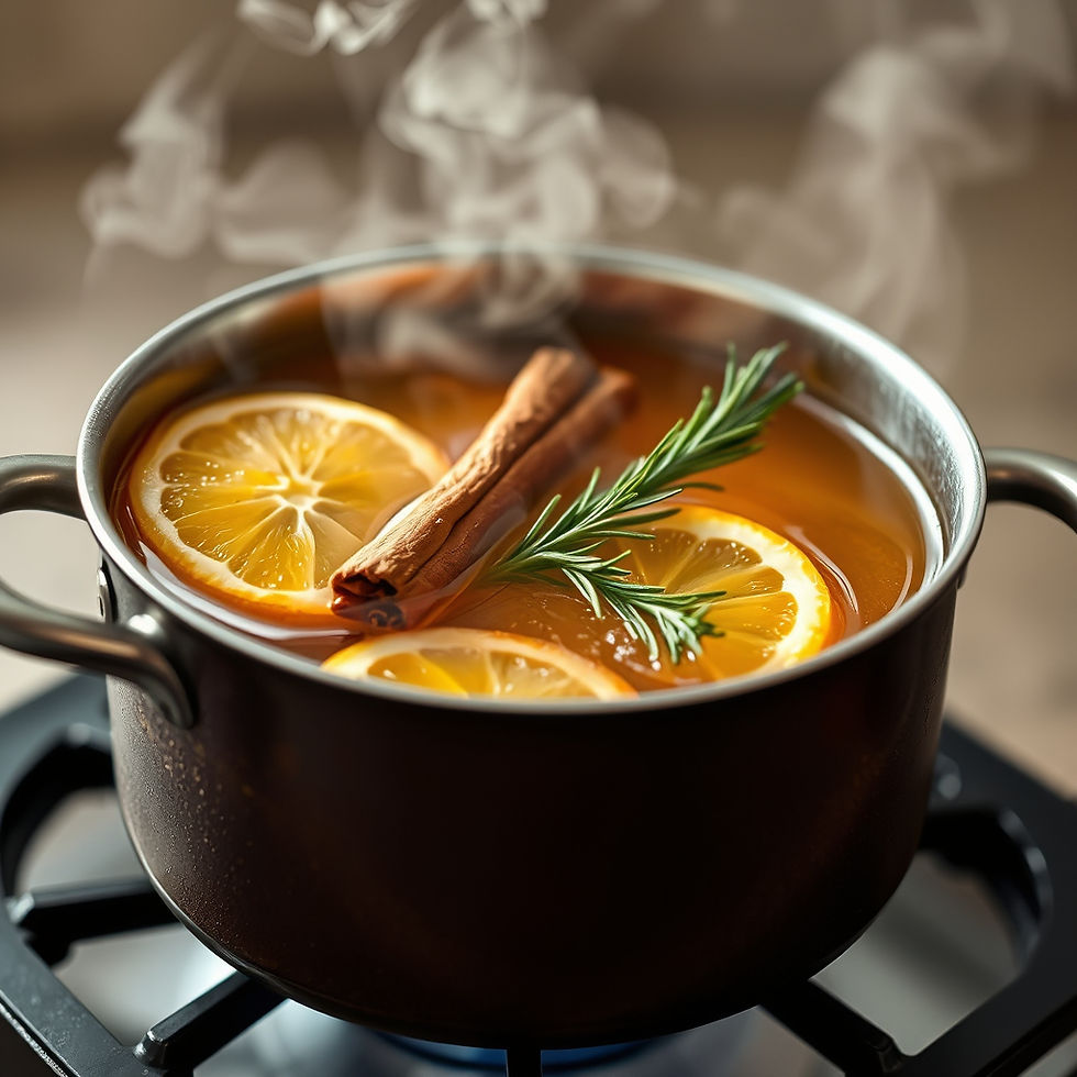 A simmer pot for an energy cleanse with steaming liquid, lemon slices, cinnamon stick, and rosemary. Warm, aromatic kitchen atmosphere.