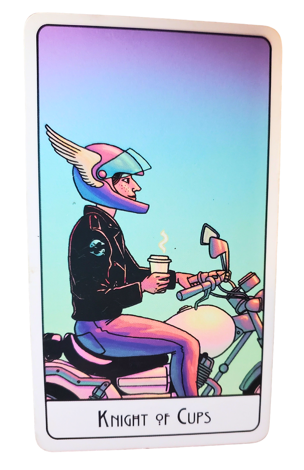 Illustrated tarot card depicts a knight on a motorcycle holding a steaming cup, with a winged helmet. Pastel gradient background, reads "Knight of Cups".