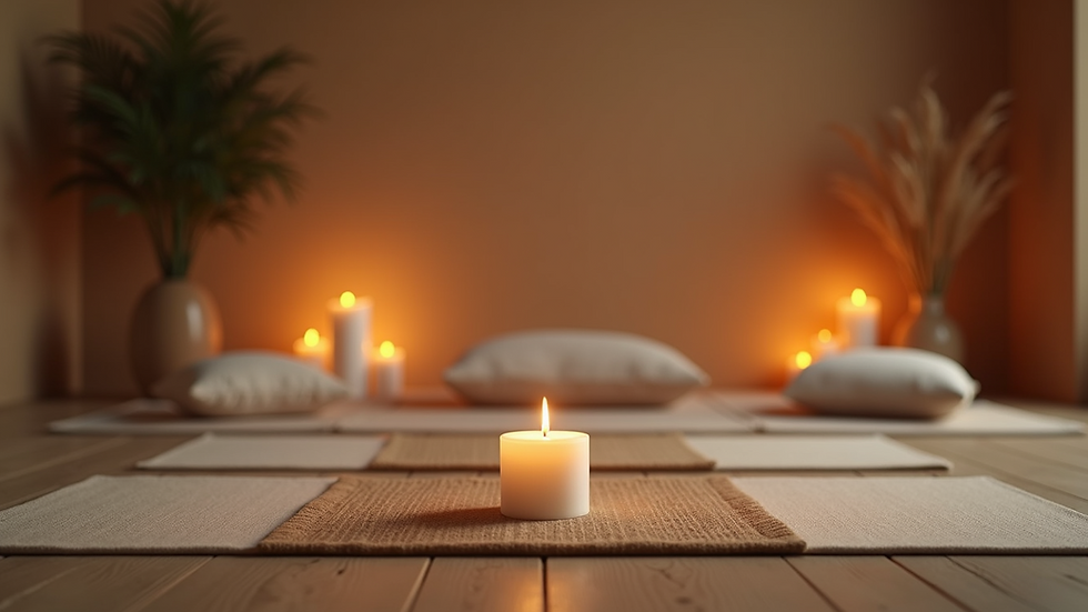 Eye-level view of a serene meditation space with candles and cushions