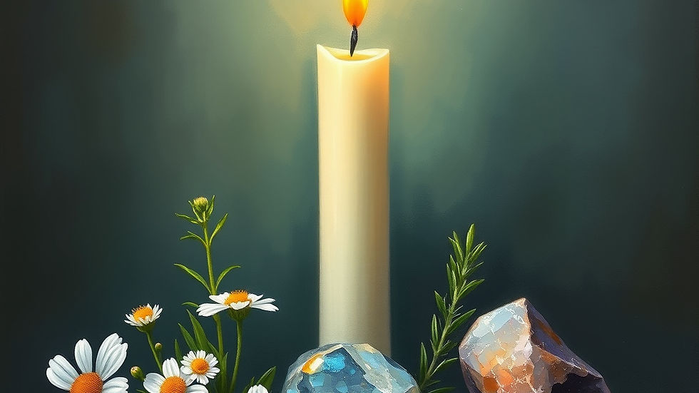 Candle with a new moon flame surrounded by chamomile, crystals, and herbs on a dark background, creating a calm, mystical atmosphere.