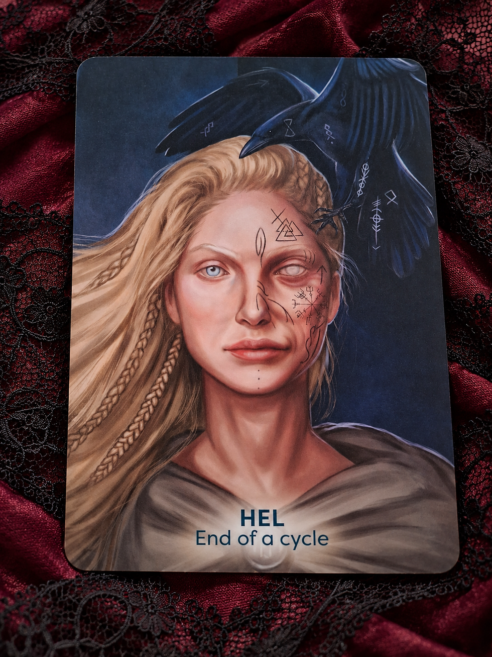 Illustrated tarot card of Goddess Hel a blonde woman with a raven overhead on a dark blue background, titled HEL: End of a cycle.