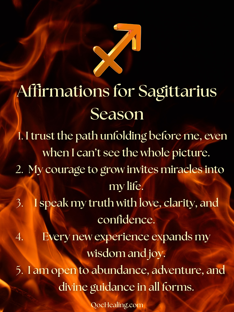 Sagittarius symbol over fire background. Text: Affirmations for Sagittarius Season with five affirmations. Mood: Inspirational.