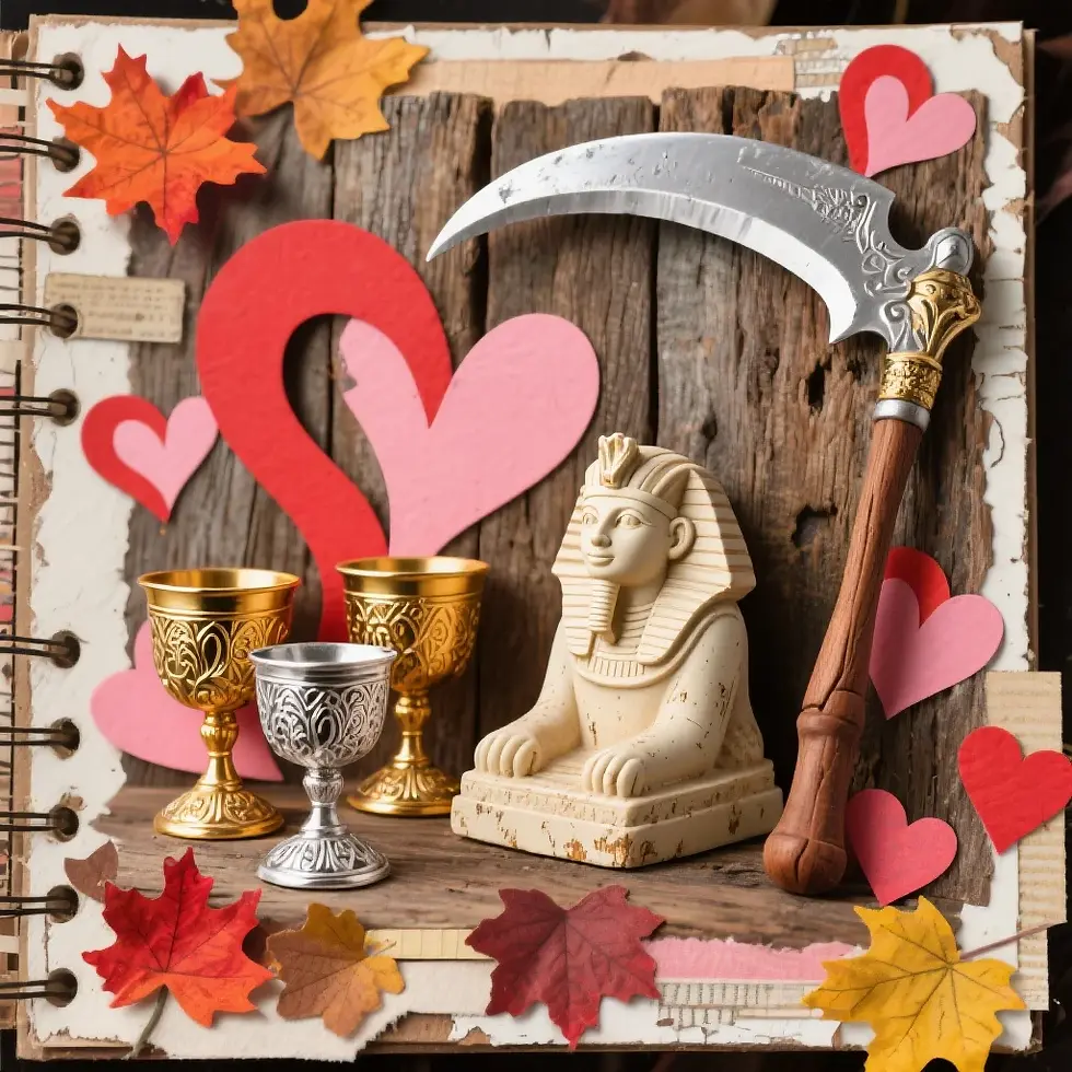 spinx statue, chalice, and a scythe on a wooden surface with colorful paper hearts and autumn leaves, creating a rustic, eclectic theme.