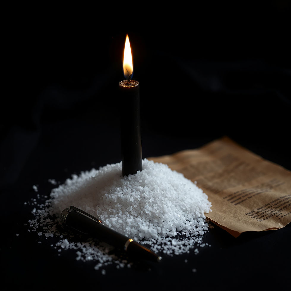 A black candle burns atop white crystals with a pen nearby on a dark surface. A piece of brown paper with text is in the background. Moody setting.