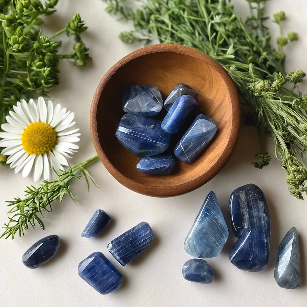 Blue kyanite with rosemary on a table with a flower and other herbs