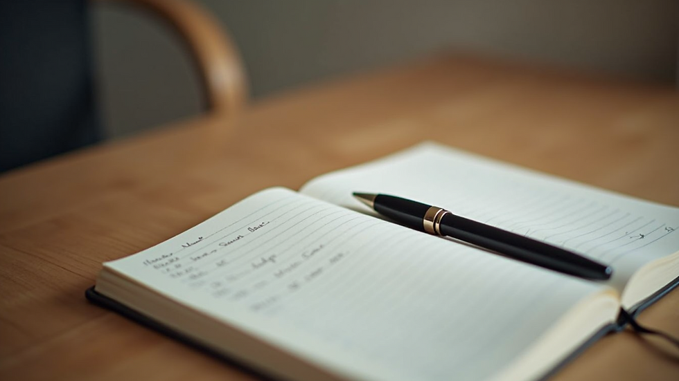 Close-up view of a journal and pen on a wooden table for self-reflection