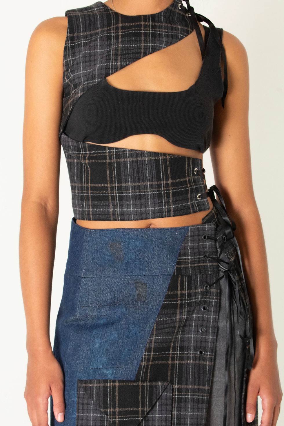 Thumbnail: Baby Teeth - Layering Skirt in Tartan and Stone Washed Denim