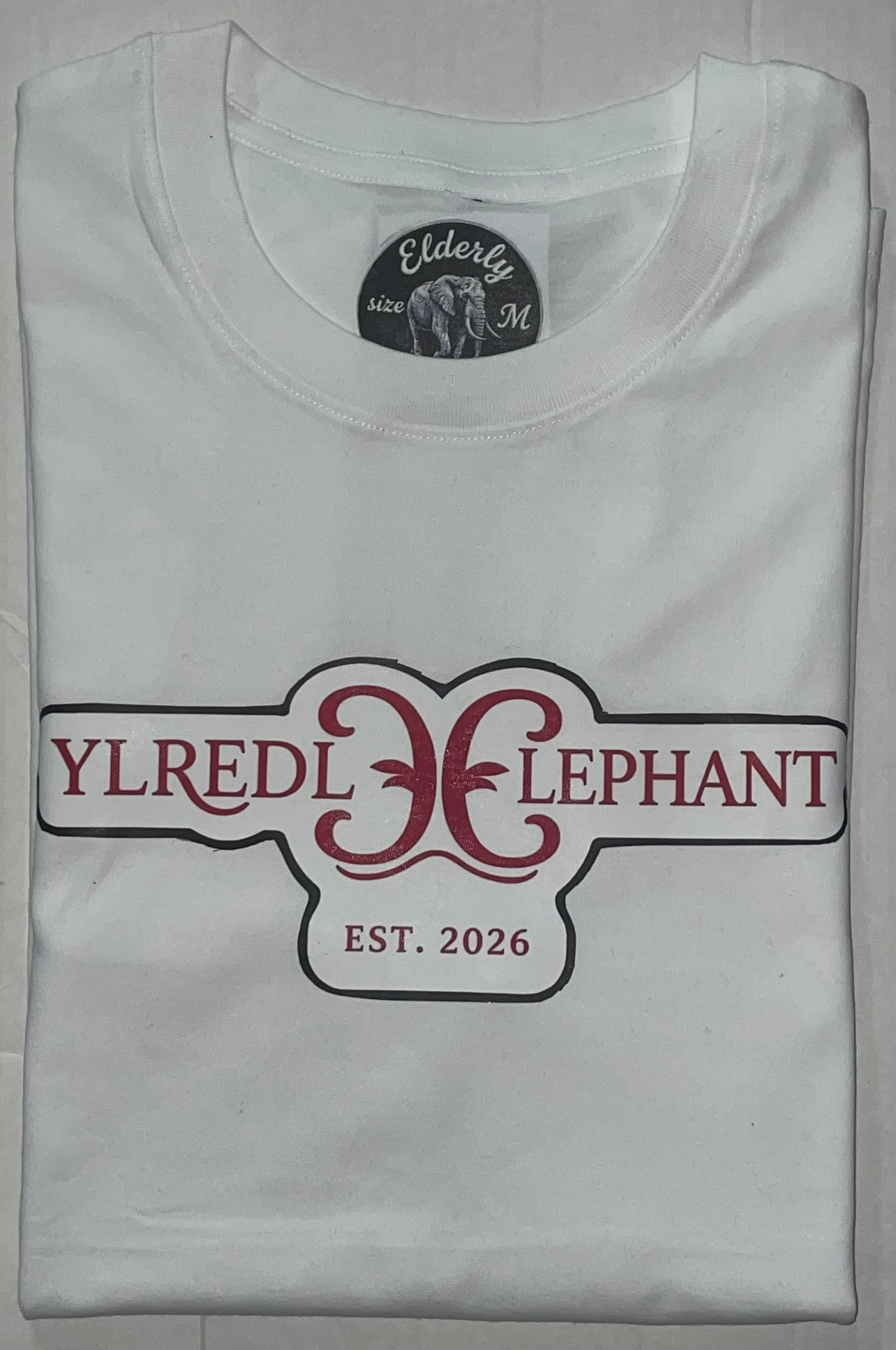 ELDERLY ELEPHANT EST 2026 T-SHIRT RED DESIGN ( WHITE)
