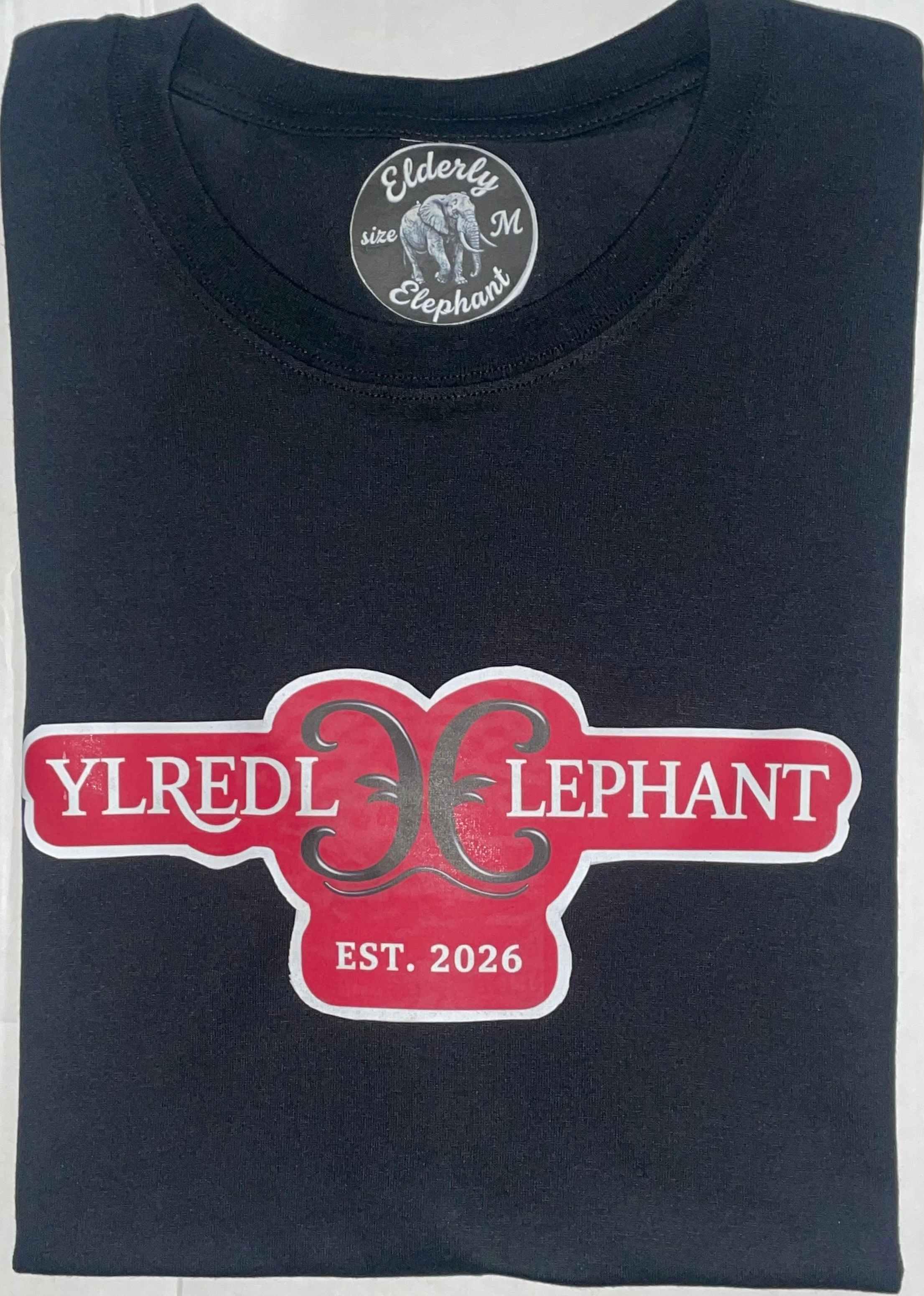ELDERLY ELEPHANT EST 2026 T-SHIRT RED DESIGN (BLACK)