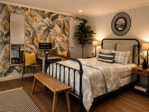 shot showing full room. beautiful rental with wallpaper and bedding. light soft light