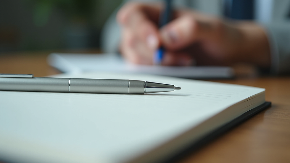 Close-up view of a notebook and pen on a table during an interview