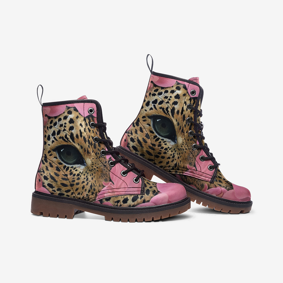 Thumbnail: Vegan Boot "Leopardize": "Vegan boot 'Leopardize' featuring a bold pinkish leopard print design, crafted from high-quality fa
