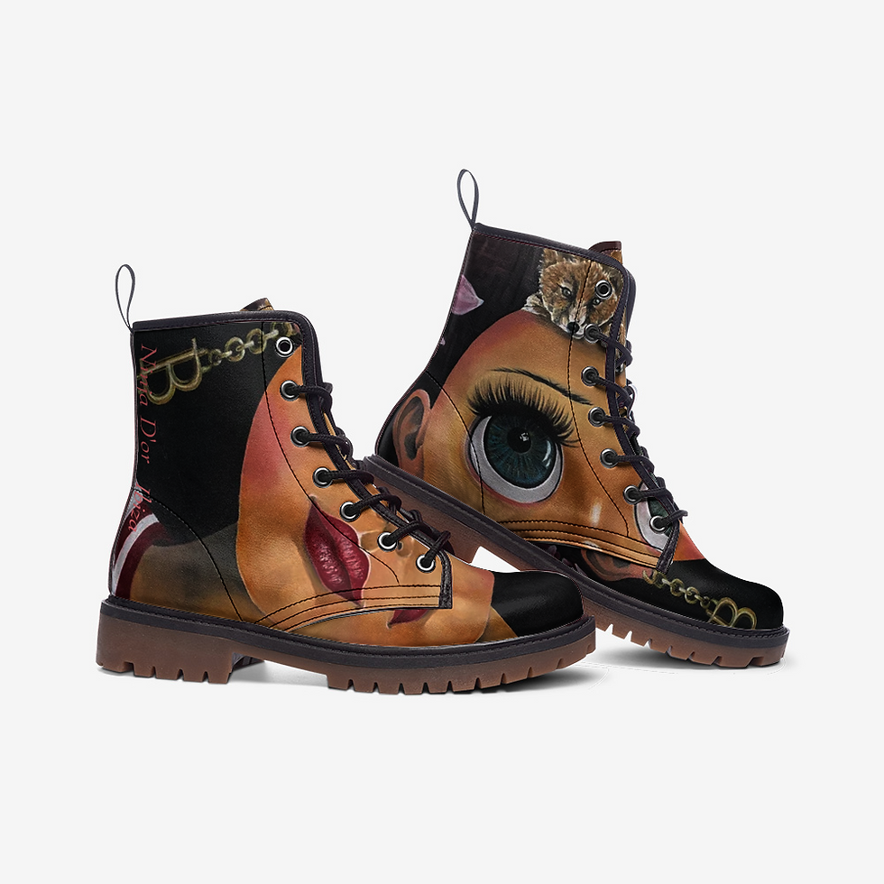 Thumbnail: Vegan Boots "fox4friends" featuring unique art print inspired by “fox 4 friends” painting. Made from faux leather with a dura