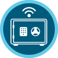 Icon of network-enabled smart safe, indicating smart safe services