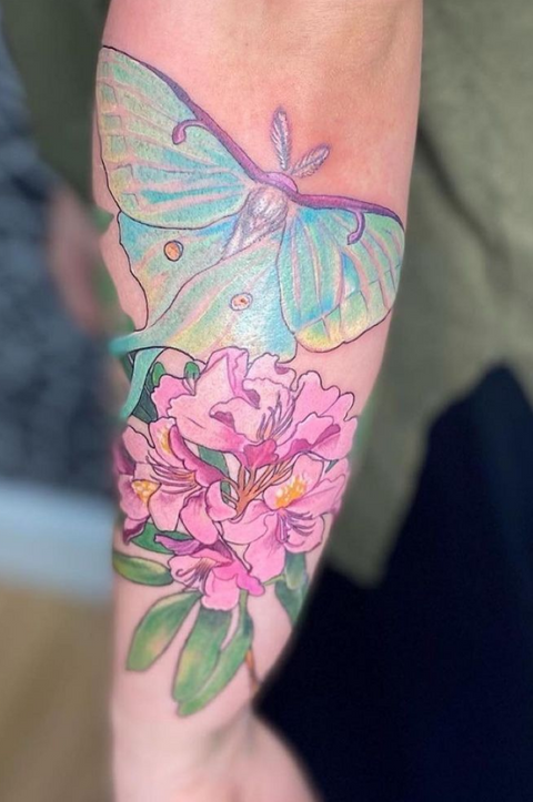 Colored lunar moth tattoo flying over a hydrangea flower on someone's forearm. 